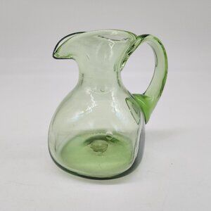 Vintage Green Handblown Glass Pitcher Creamer Ruff Pontil Square Base 4.25" High